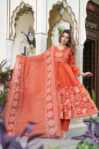 Aaysa women embroidered orange anarkali kurta set with printed dupatta