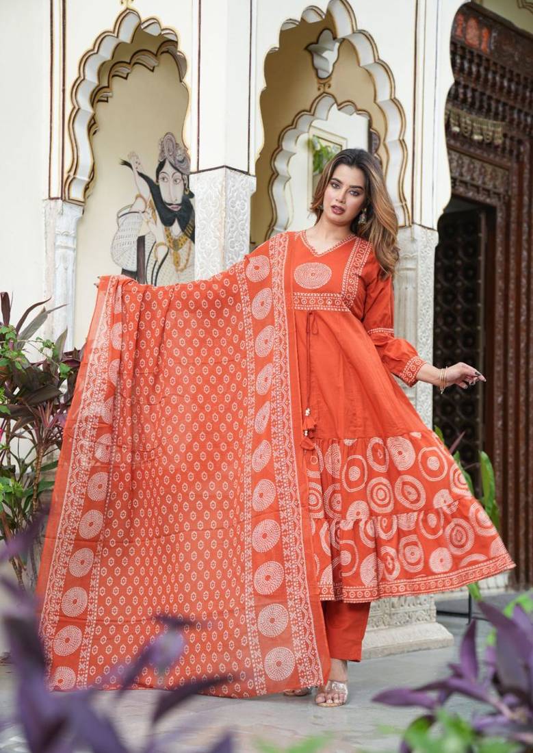 Aaysa women embroidered orange anarkali kurta set with printed dupatta