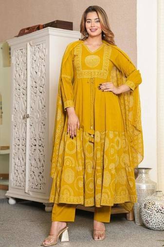Aaysa women embroidered yellow anarkali kurta set with printed dupatta