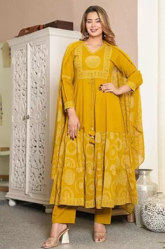 Aaysa women embroidered yellow anarkali kurta set with printed dupatta