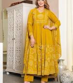 Yellow Women Embroidered Anarkali Kurta Set With Printed Dupatta