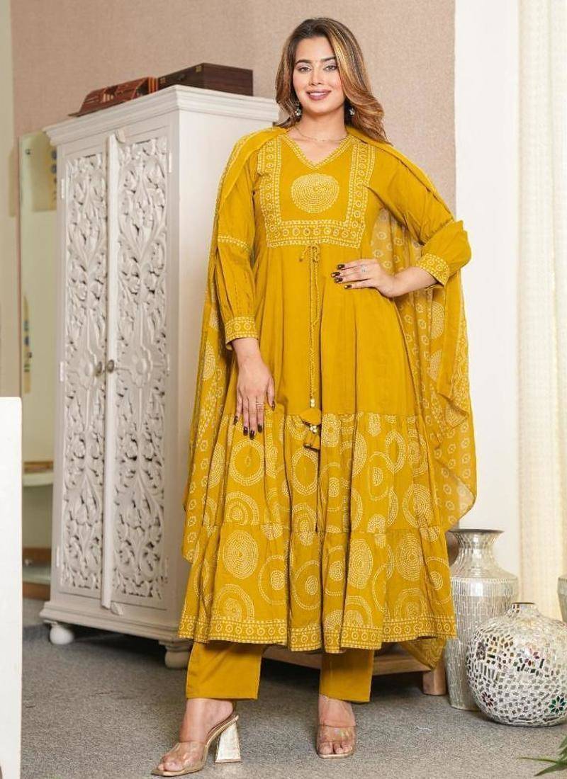 Aaysa women embroidered yellow anarkali kurta set with printed dupatta