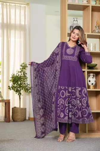 Aaysa women embroidered blue anarkali kurta set with printed dupatta