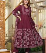 Maroon Women Embroidered Anarkali Kurta Set With Printed Dupatta