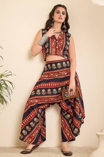 Women bordered crop shirt and harem pant co-ord set