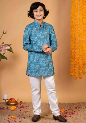 Boys teal blue cotton botanical printed kurta pyjama set 1