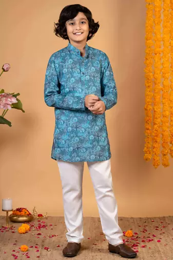 Boys teal blue cotton botanical printed kurta pyjama set