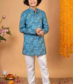 Boys teal blue cotton botanical printed kurta pyjama set