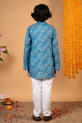 Boys teal blue cotton botanical printed kurta pyjama set 2
