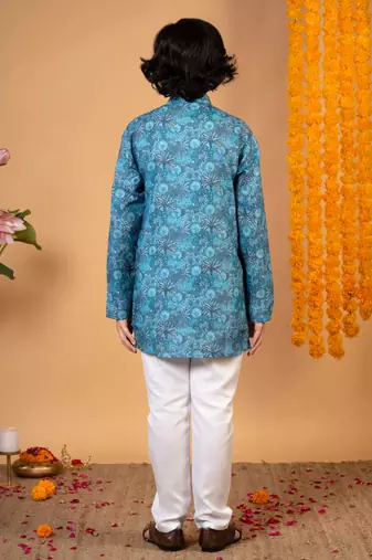 Boys teal blue cotton botanical printed kurta pyjama set