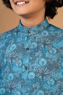 Boys teal blue cotton botanical printed kurta pyjama set 3