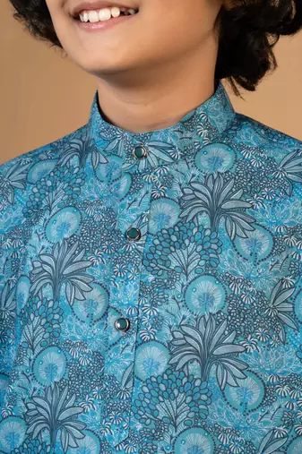 Boys teal blue cotton botanical printed kurta pyjama set