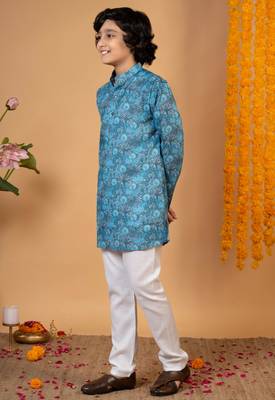 Boys teal blue cotton botanical printed kurta pyjama set 4