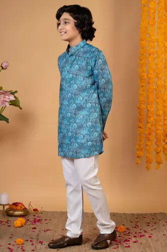 Boys teal blue cotton botanical printed kurta pyjama set