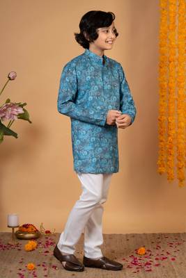Boys teal blue cotton botanical printed kurta pyjama set 5