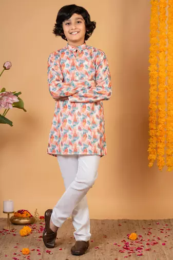 Boys peach cotton embroidered sequined ikat kurta pyjama set