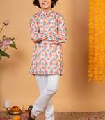 Boys peach cotton embroidered sequined ikat kurta pyjama set