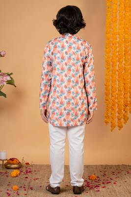 Boys peach cotton embroidered sequined ikat kurta pyjama set 2
