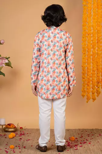 Boys peach cotton embroidered sequined ikat kurta pyjama set