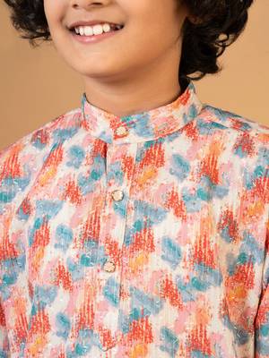 Boys peach cotton embroidered sequined ikat kurta pyjama set 3