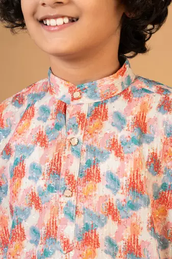 Boys peach cotton embroidered sequined ikat kurta pyjama set