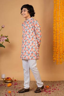 Boys peach cotton embroidered sequined ikat kurta pyjama set 4