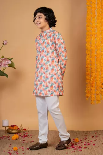 Boys peach cotton embroidered sequined ikat kurta pyjama set