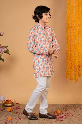 Boys peach cotton embroidered sequined ikat kurta pyjama set 5