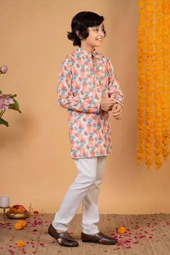 Boys peach cotton embroidered sequined ikat kurta pyjama set