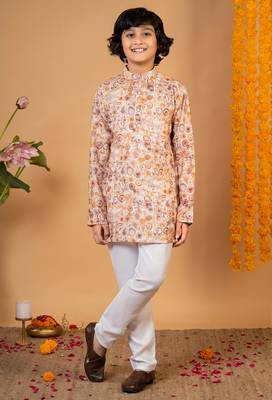 Boys rust cotton circular geometric printed kurta pyjama set 1