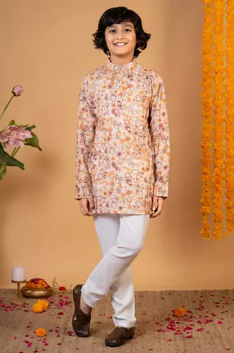 Boys rust cotton circular geometric printed kurta pyjama set