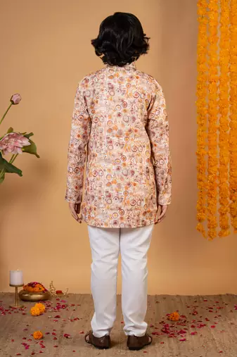 Boys rust cotton circular geometric printed kurta pyjama set