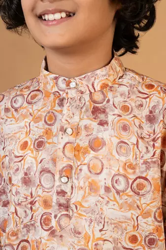 Boys rust cotton circular geometric printed kurta pyjama set