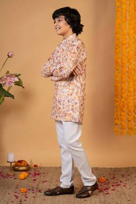 Boys rust cotton circular geometric printed kurta pyjama set 4