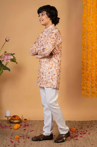 Boys rust cotton circular geometric printed kurta pyjama set