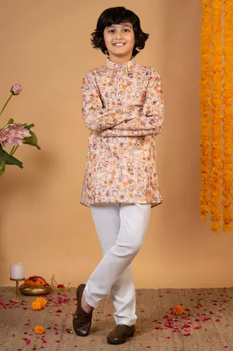 Boys rust cotton circular geometric printed kurta pyjama set