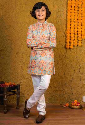 Boys multicolor cotton diamond geometric printed kurta pyjama set 1