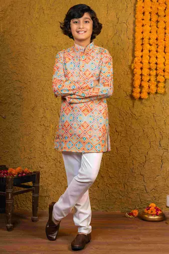 Boys multicolor cotton diamond geometric printed kurta pyjama set