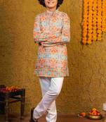 Boys multicolor cotton diamond geometric printed kurta pyjama set