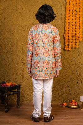 Boys multicolor cotton diamond geometric printed kurta pyjama set 2