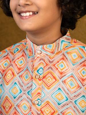 Boys multicolor cotton diamond geometric printed kurta pyjama set 3