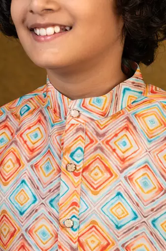 Boys multicolor cotton diamond geometric printed kurta pyjama set