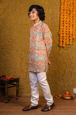 Boys multicolor cotton diamond geometric printed kurta pyjama set 4