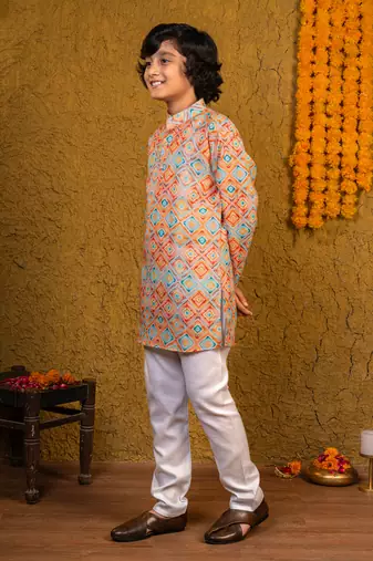 Boys multicolor cotton diamond geometric printed kurta pyjama set