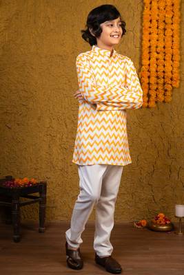 Boys yellow & white cotton chevron zigzag printed kurta with pyjama set 5