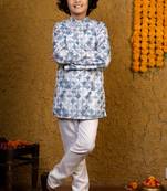 Boys blue rayon diamond motifs embroidered printed kurta pyjama set