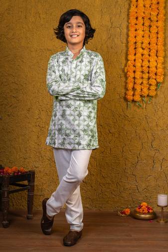 Boys green rayon diamond motifs embroidered printed kurta pyjama set