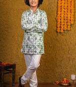 Boys green rayon diamond motifs embroidered printed kurta pyjama set