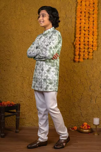 Boys green rayon diamond motifs embroidered printed kurta pyjama set