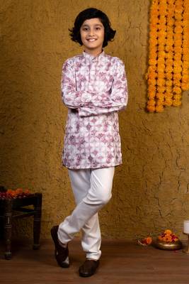 Boys lilac rayon diamond motifs embroidered printed kurta pyjama set 1